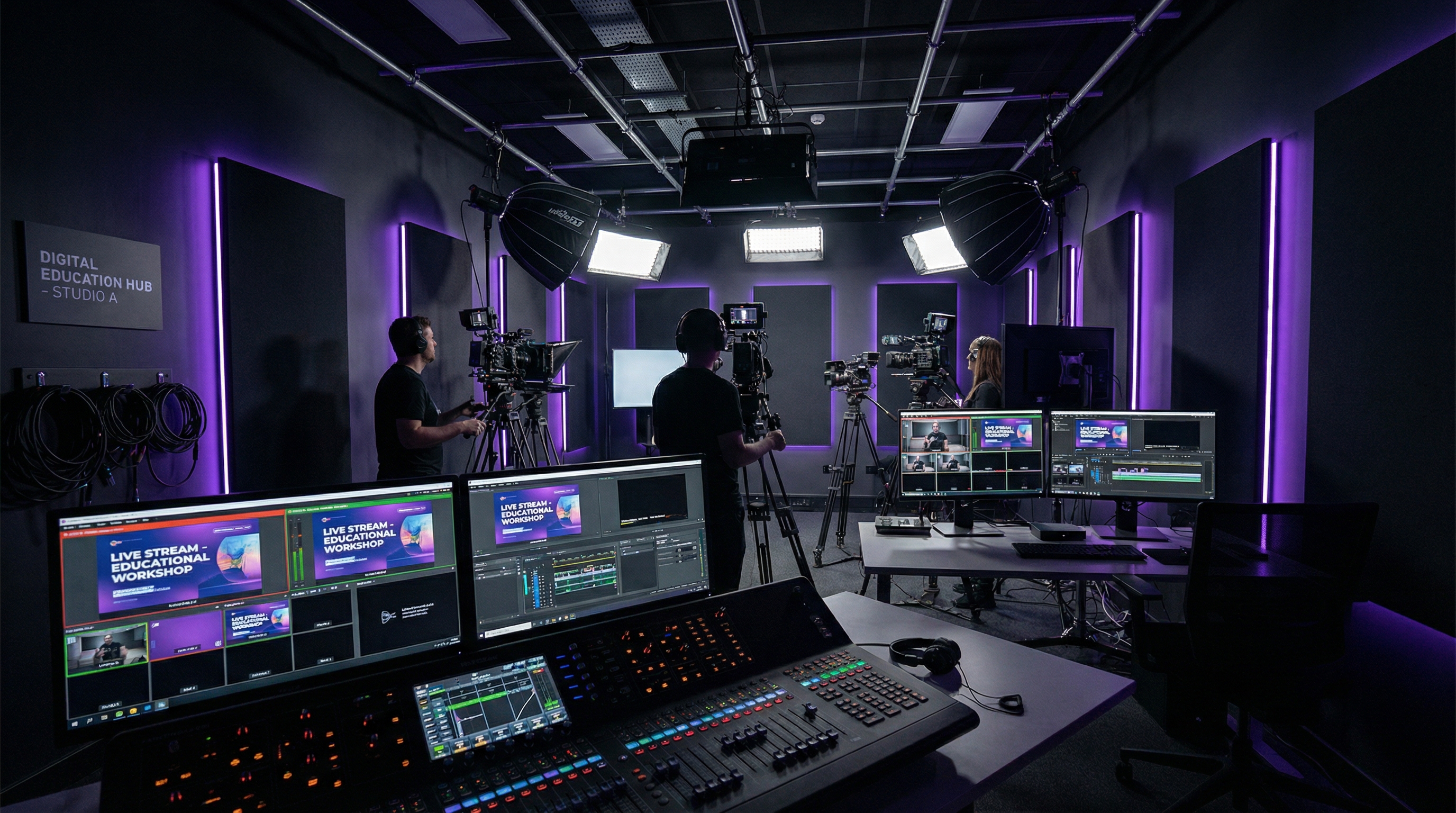 Professional content production studio with cameras and mixing console