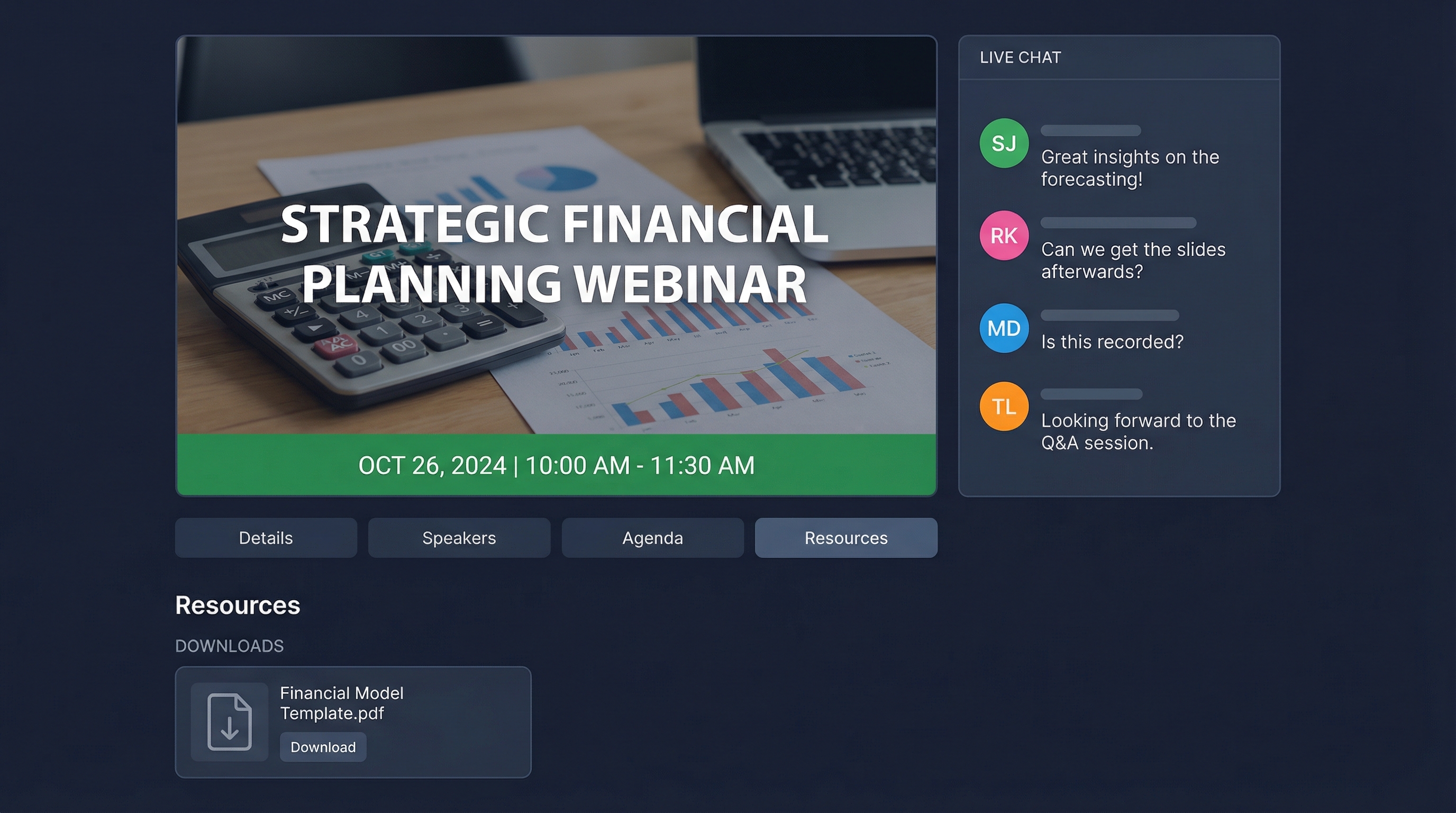 Member live event experience with chat and resources